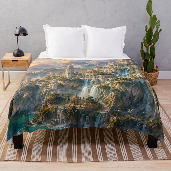 Item preview, Fantasy Golden Castle On Cliff - Waterfalls And Sunset Ocean Painting designed and sold by Jozefin's Studio.