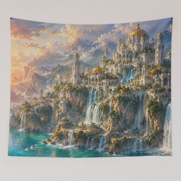 Item preview, Fantasy Golden Castle On Cliff - Waterfalls And Sunset Ocean Painting designed and sold by Jozefin's Studio.