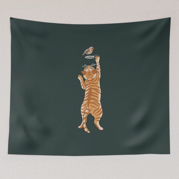 Item preview, Cat Reaching for Robin Bird Whimsical Ginger Tabby Artwork designed and sold by LeshanArt.