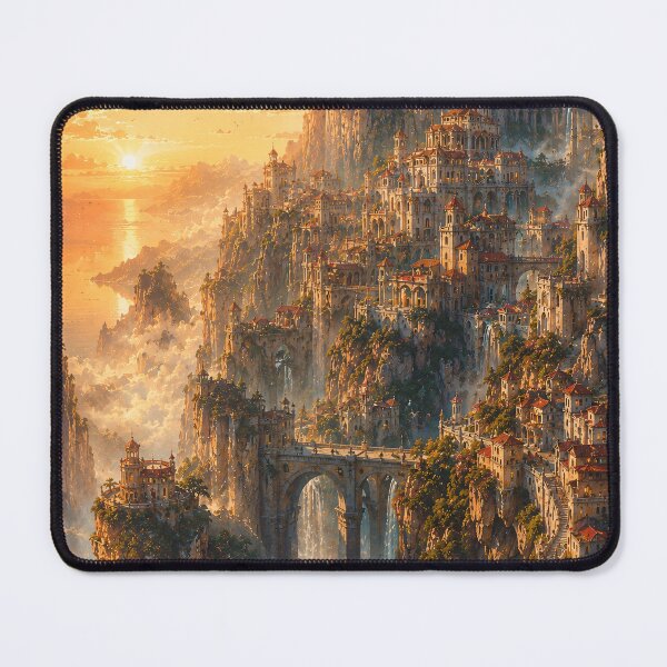 Item preview, Fantasy Mountain Citadel At Sunset - Golden Cliff City And Waterfall Bridge designed and sold by Jozefin's Studio.