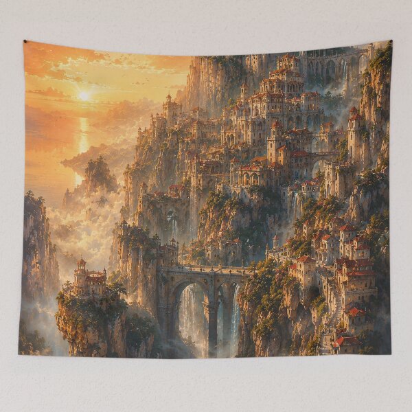 Item preview, Fantasy Mountain Citadel At Sunset - Golden Cliff City And Waterfall Bridge designed and sold by Jozefin's Studio.