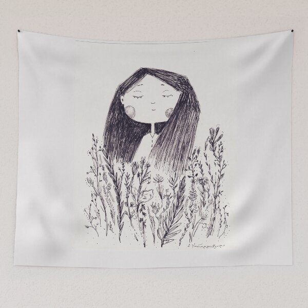 Item preview, Dreaming Girl in Wildflowers Ink Drawing designed and sold by Mariamoart.
