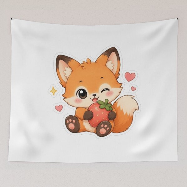 Artikelvorschau, Niedlicher Kawaii-Fuchs umarmt Erdbeere (Aufkleber) | Entzückender Chibi-Fuchs-Aufkleber entworfen und verkauft von Vegasstickers.