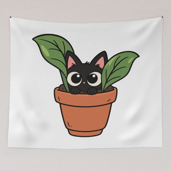 Item preview, Black Cat in a Pot – Kawaii Cat Plant with Big Eyes designed and sold by MewMade.