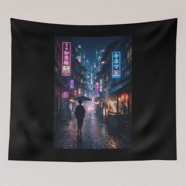 Item preview, Neon Rain Japanese Alley with Kimono Woman designed and sold by Lineer22.