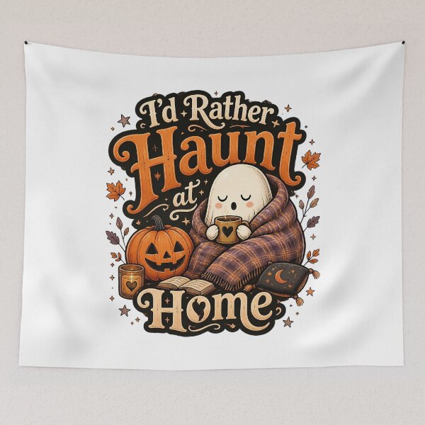Item preview, I'd Rather Haunt at Home - Cute Cozy Ghost with Pumpkin Sticker designed and sold by Lu7u.