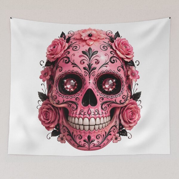 Item preview, Pink Skull with Roses and Black Ornamental Flourishes designed and sold by DoveArtDesigns.