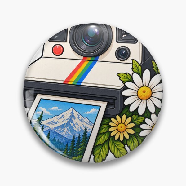 Item preview, Vintage Instant Camera with Mountain Landscape Photo & Daisies designed and sold by Anstickerrr.