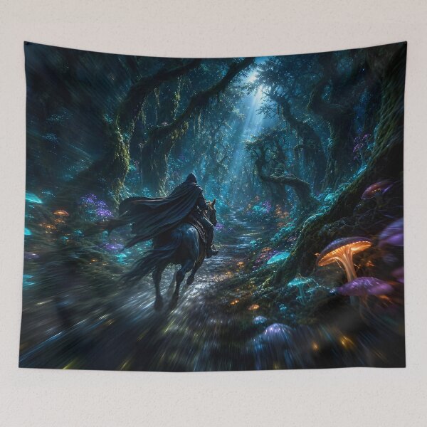 Item preview, Midnight Rider Through the Enchanted Forest – Dark Fantasy Horse Adventure designed and sold by DreamyWallVibes.
