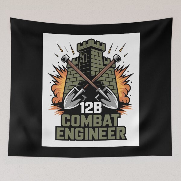 Item preview, 12B Combat Engineer — Castle Tower Emblem with Crossed Shovels and Explosion Military MOS Graphic designed and sold by GFamilyC.