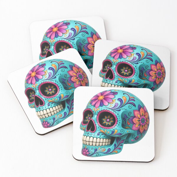 Item preview, Blue Skull with Pink Flowers – Gothic Floral Halloween Illustration designed and sold by DoveArtDesigns.