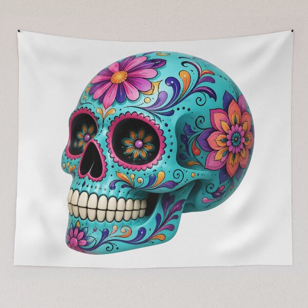 Item preview, Blue Skull with Pink Flowers – Gothic Floral Halloween Illustration designed and sold by DoveArtDesigns.