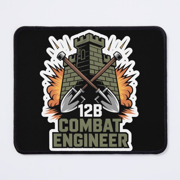 Item preview, 12B Combat Engineer — Castle Tower Emblem with Crossed Shovels and Explosion Military MOS Graphic White Outline designed and sold by GFamilyC.