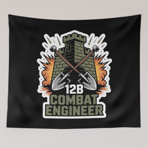 Item preview, 12B Combat Engineer — Castle Tower Emblem with Crossed Shovels and Explosion Military MOS Graphic White Outline designed and sold by GFamilyC.