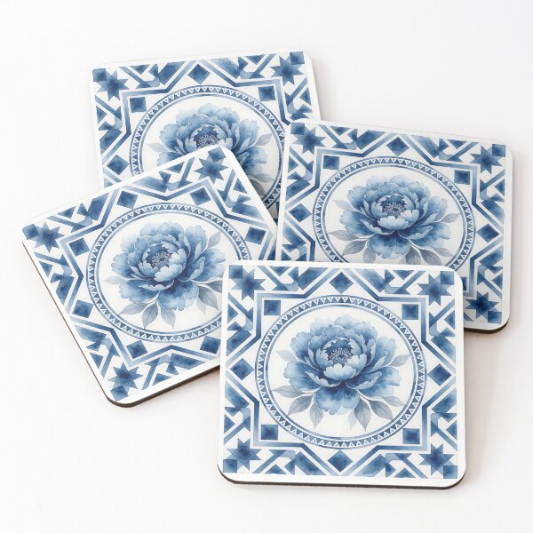 Item preview, Blue Peony Tile Art – Blue and White Floral Ceramic Watercolor Design designed and sold by HappyOops.