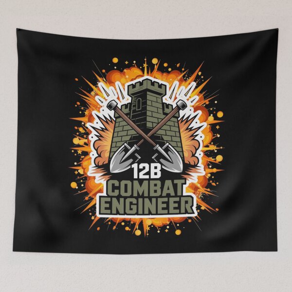 Item preview, 12B Combat Engineer — Castle Tower Emblem with Crossed Shovels and Massive Explosion Military MOS Graphic White Outline designed and sold by GFamilyC.