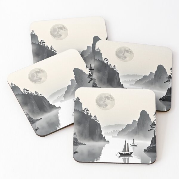 Item preview, Korean Traditional Sumi-e Landscape under Full Moon designed and sold by CuteSlothWorld.