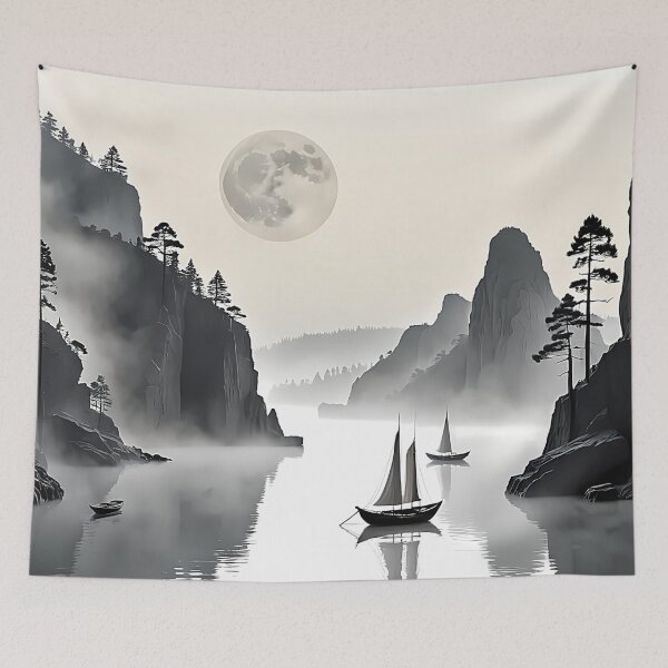 Artikelvorschau, Koreanische traditionelle Sumi-e-Landschaft bei Vollmond entworfen und verkauft von CuteSlothWorld.