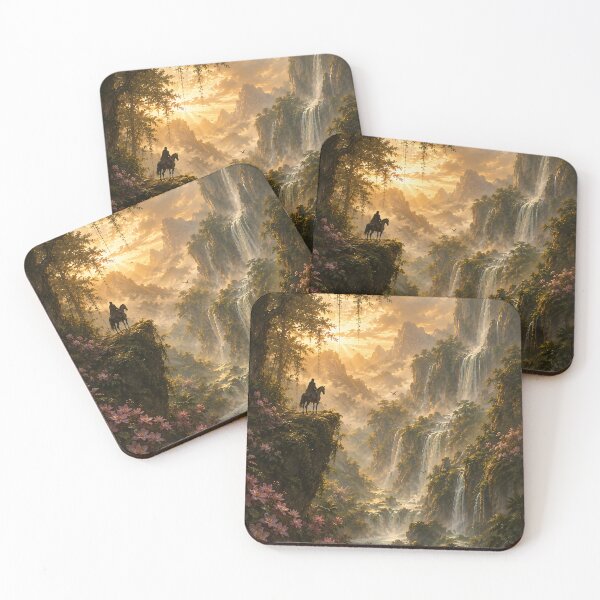 Item preview, Fantasy Rider Overlooking Waterfall Valley - Golden Jungle Sunset Painting designed and sold by Jozefin's Studio.