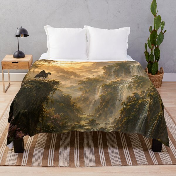 Item preview, Fantasy Rider Overlooking Waterfall Valley - Golden Jungle Sunset Painting designed and sold by Jozefin's Studio.