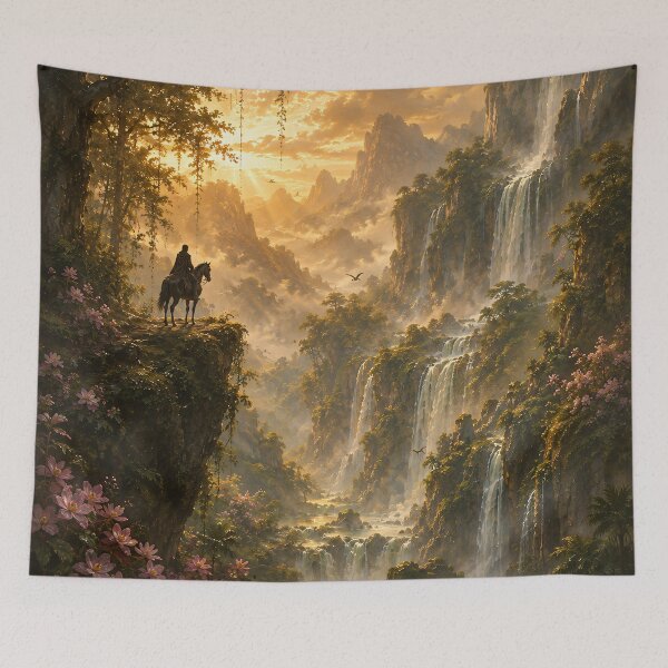 Item preview, Fantasy Rider Overlooking Waterfall Valley - Golden Jungle Sunset Painting designed and sold by Jozefin's Studio.