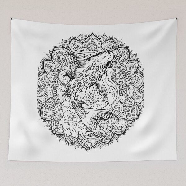 Item preview, Koi Fish Mandala Art | Japanese Koi Sacred Geometry | Black and White Animal Mandala | Ornamental Fish Wall Art | Zen Floral Design designed and sold by suryabumblee.