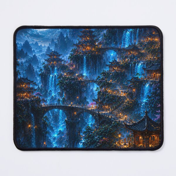 Item preview, Fantasy Moonlit Temple Mountain - Blue Waterfalls And Full Moon Painting designed and sold by Jozefin's Studio.