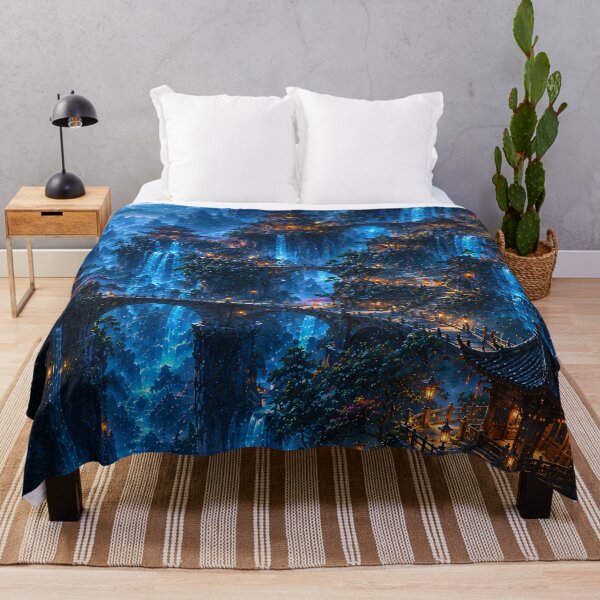 Item preview, Fantasy Moonlit Temple Mountain - Blue Waterfalls And Full Moon Painting designed and sold by Jozefin's Studio.