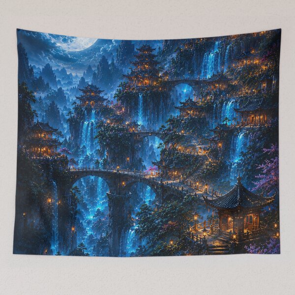Item preview, Fantasy Moonlit Temple Mountain - Blue Waterfalls And Full Moon Painting designed and sold by Jozefin's Studio.