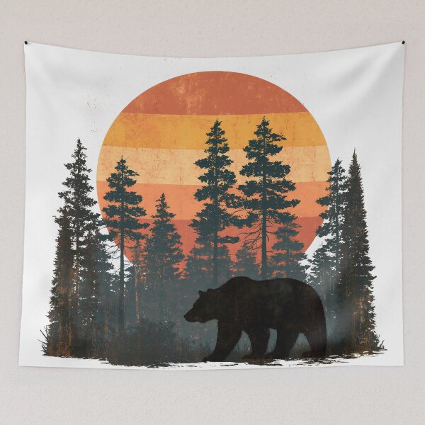Item preview, Retro 70s sunset with bear - Vintage forest & nature designed and sold by Artdavesalzburg.