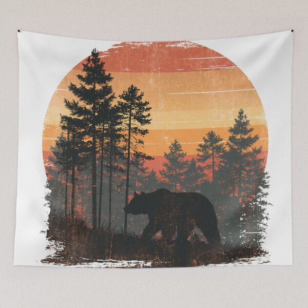 Item preview, Grizzly bear in a pine forest - 70s vintage sunset designed and sold by Artdavesalzburg.