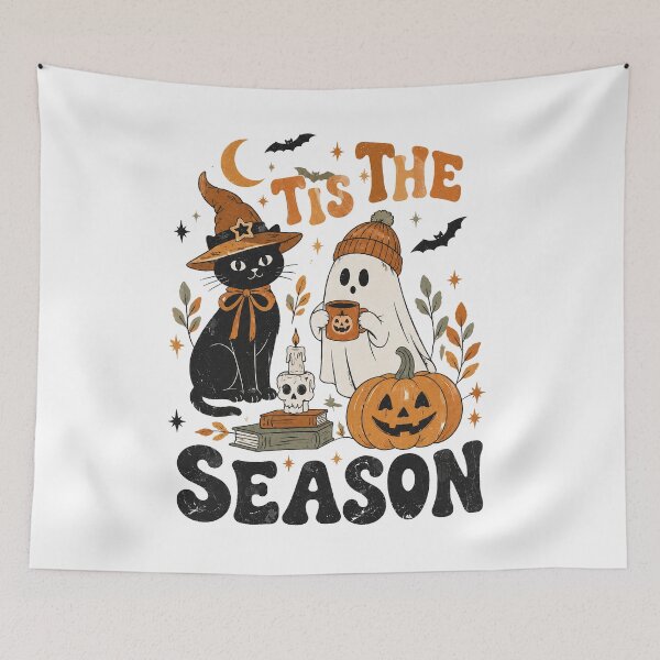 Item preview, Tis the Season Halloween Black Cat & Ghost - Spooky Pumpkin Fall Design designed and sold by CatiaStudioArt.