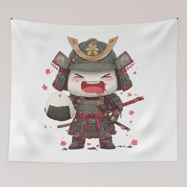 Item preview, chibi samurai warrior eat rice ball designed and sold by cutemakerotart.