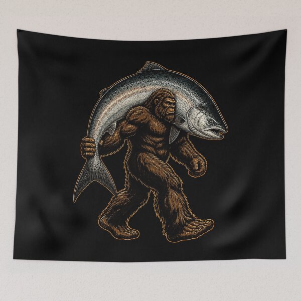 Item preview, Bigfoot carrying a giant salmon illustration designed and sold by rafaeltto.