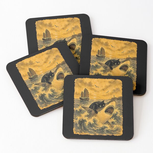 Item preview, Black Cat Riding a Great White Shark – Vintage Nautical Fantasy designed and sold by Rahamkshop.