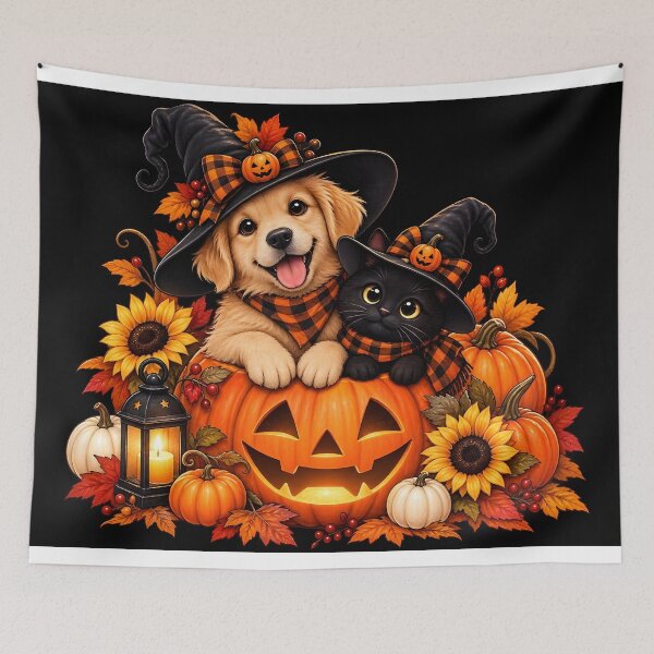 Item preview, Halloween Puppy and Kitten in a Pumpkin with Sunflowers designed and sold by DoveArtDesigns.