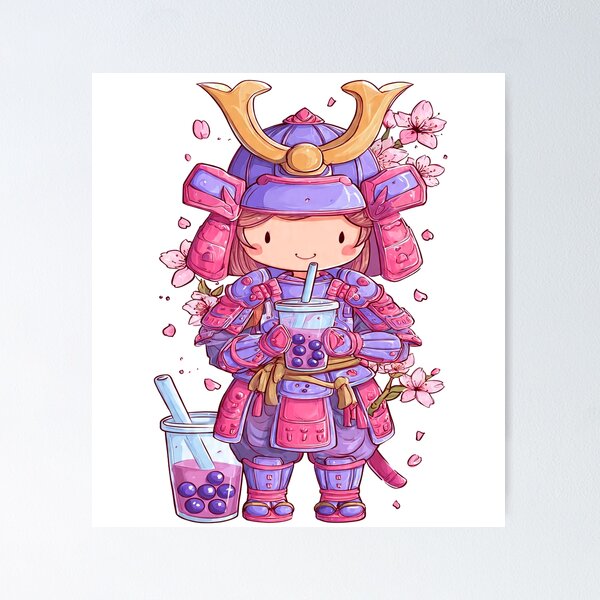 Aperçu de l'œuvre petite guerrière samouraï chibi avec du thé boba créée et vendue par cutemakerotart.