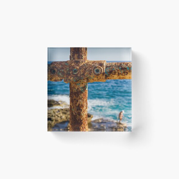 Item preview, Rusty Metal Rail with Ocean Background and Person on Rocky Shore designed and sold by Nmallia.