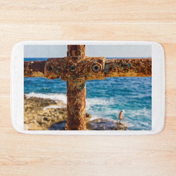 Item preview, Rusty Metal Rail with Ocean Background and Person on Rocky Shore designed and sold by Nmallia.