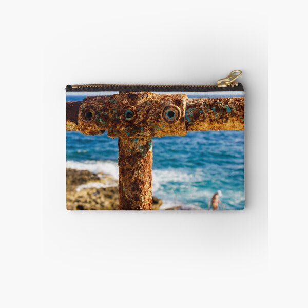 Item preview, Rusty Metal Rail with Ocean Background and Person on Rocky Shore designed and sold by Nmallia.