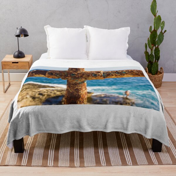 Item preview, Rusty Metal Rail with Ocean Background and Person on Rocky Shore designed and sold by Nmallia.