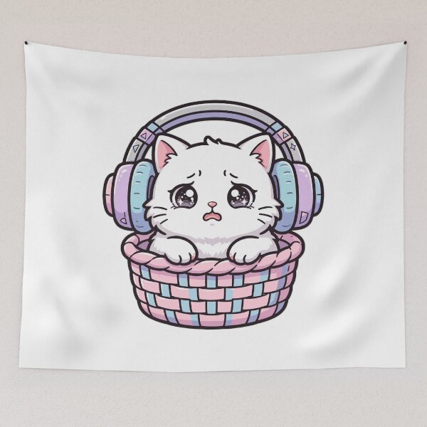 Item preview, Anxious Cozy White Cat In Laundry Basket Pastel Headphones designed and sold by LuxeBuzz.