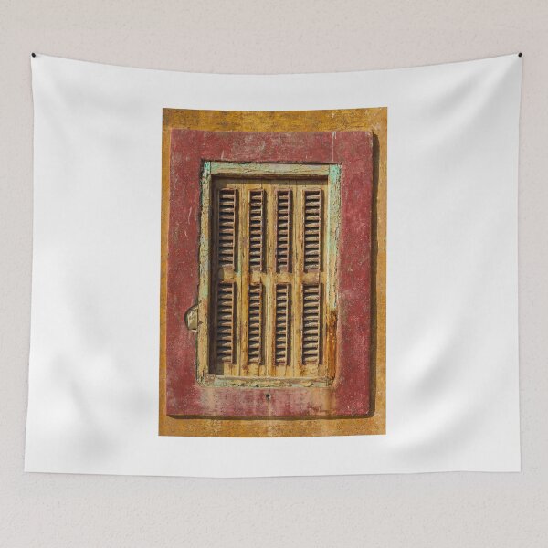 Item preview, Rustic Yellow Wooden Window With Red Frame on a Textured Wall designed and sold by Nmallia.