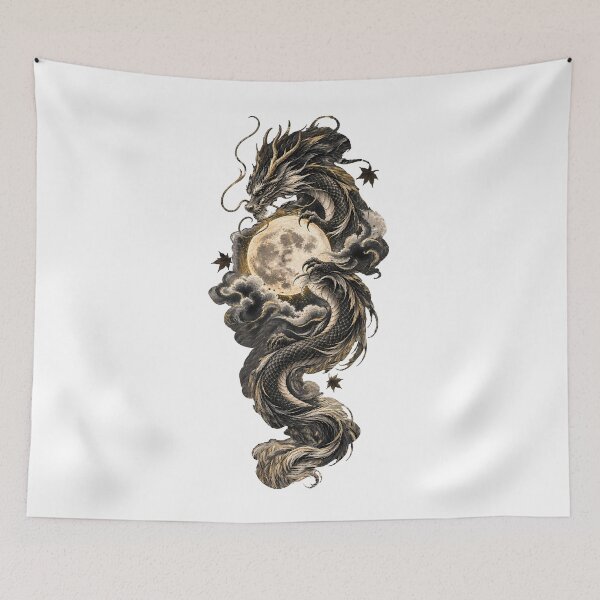 Item preview, Golden Sumi-e Dragon Under an Ivory Moon designed and sold by AbderraimArt.