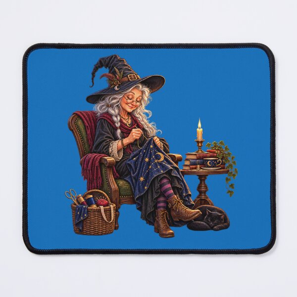 Item preview, Witch Seamstress by Candlelight – Cozy Moonlit Sewing Art designed and sold by Alpine-Ink.