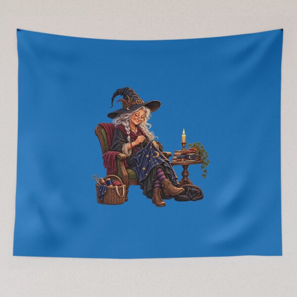 Item preview, Witch Seamstress by Candlelight – Cozy Moonlit Sewing Art designed and sold by Alpine-Ink.