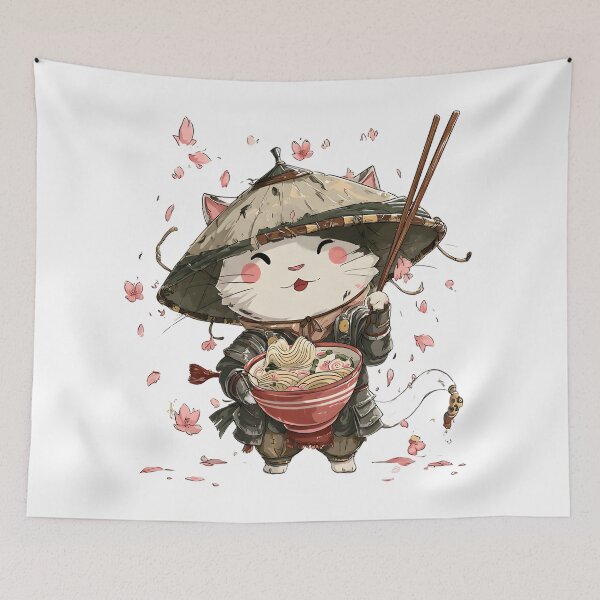 Item preview,  chibi samurai warrior cat eat ramen designed and sold by cutemakerotart.