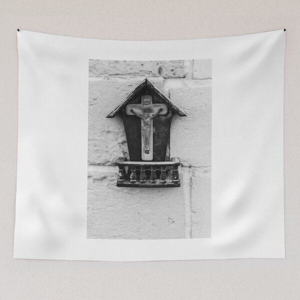 Item preview, Black and White Religious Crucifix Icon on Stone Textured Wall designed and sold by Nmallia.
