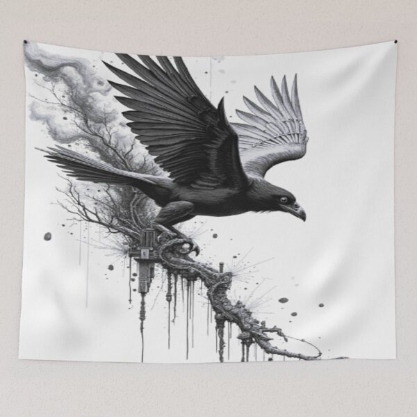 Item preview, Dark Raven Flight – Gothic Black and White Crow Ink Art designed and sold by Dark-Circuit-Haven.