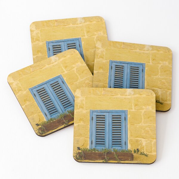 Item preview, Rustic Stone Wall with Blue Shuttered Window and Wooden Flower Box designed and sold by Nmallia.